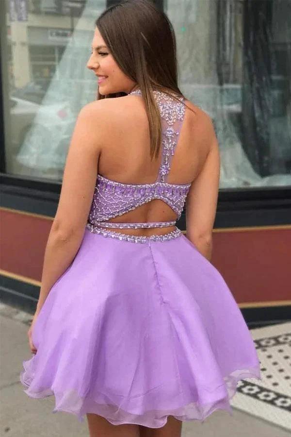 Two Piece High Neck Beading Lilac Chiffon Homecoming Dress PD335 by pgmdress