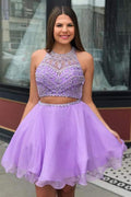 Two Piece High Neck Beading Lilac Chiffon Homecoming Dress PD335 by pgmdress