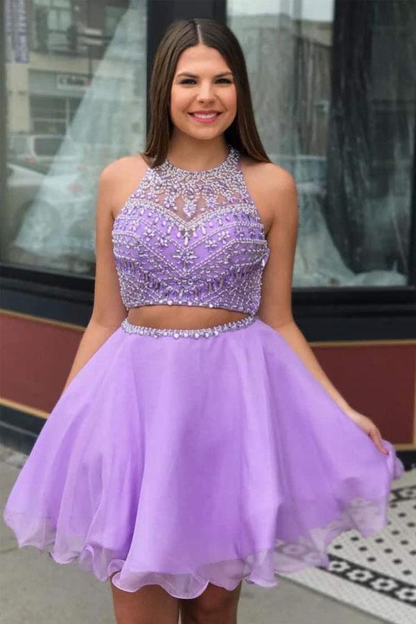 Two Piece High Neck Beading Lilac Chiffon Homecoming Dress PD335 by pgmdress