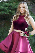 Two Piece High Neck Cut-out Burgundy Homecoming Party Dress PD035 by pgmdress