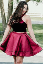 Two Piece High Neck Cut-out Burgundy Homecoming Party Dress PD035 by pgmdress