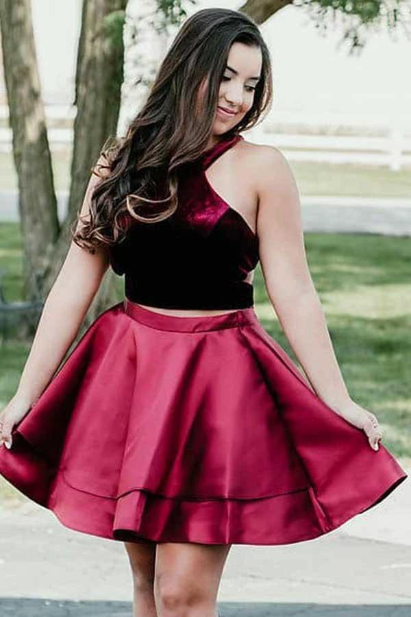 Two Piece High Neck Cut-out Burgundy Homecoming Party Dress PD035 by pgmdress