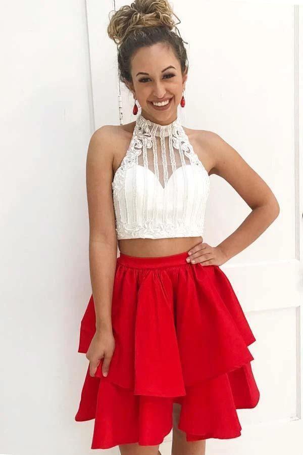 Two Piece High Neck Short Red Satin Homecoming Dress with Beading PD164 by pgmdress