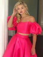 Two Piece Long A-line Off the Shoulder Satin Formal Prom Dresses with Sleeves by BIZTUNNEL