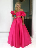 Two Piece Long A-line Off the Shoulder Satin Formal Prom Dresses with Sleeves by BIZTUNNEL