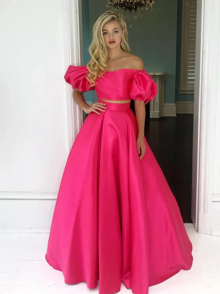 Two Piece Long A-line Off the Shoulder Satin Formal Prom Dresses with Sleeves by BIZTUNNEL