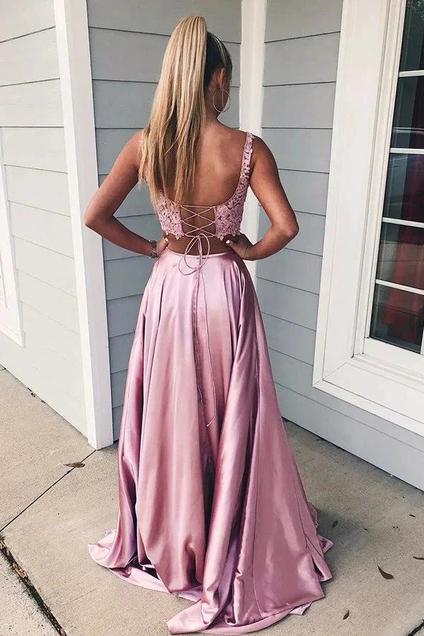 Two Piece Long A-Line Square Neckline Front Slit Prom Dress With Pockets by BIZTUNNEL