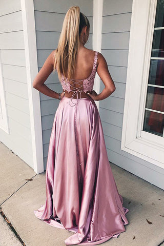 Vestido de fiesta de dos piezas largo de corte A con escote cuadrado y abertura frontal con bolsillos