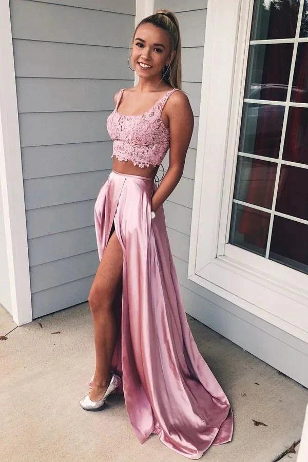 Two Piece Long A-Line Square Neckline Front Slit Prom Dress With Pockets by BIZTUNNEL