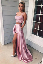 Two Piece Long A-Line Square Neckline Front Slit Prom Dress With Pockets by BIZTUNNEL