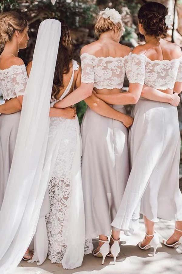 Two Piece Off-the-Shoulder Grey Chiffon Bridesmaid Dress with Lace BD051 by pgmdress