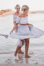 Two Piece Off-the-Shoulder Grey Chiffon Bridesmaid Dress with Lace BD051 by pgmdress