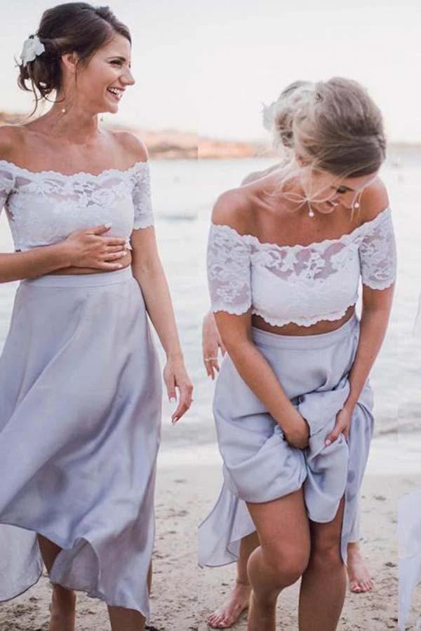 Two Piece Off-the-Shoulder Grey Chiffon Bridesmaid Dress with Lace BD051 by pgmdress