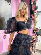 Two-Piece Puff Sleeve Ruffle Glitter Tulle Prom Dress with Slit by KissProm