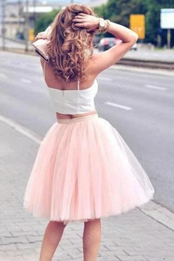 Two Piece Tulle Pink Spaghetti-Strap Sleeveless Homecoming Dresses PG100 by pgmdress