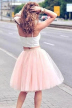 Two Piece Tulle Pink Spaghetti-Strap Sleeveless Homecoming Dresses PG100 by pgmdress