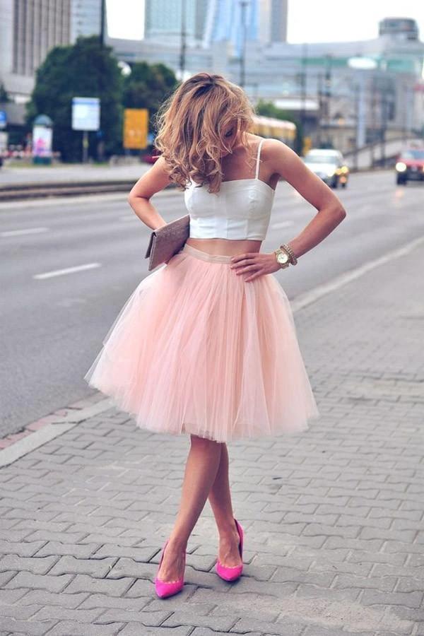 Two Piece Tulle Pink Spaghetti-Strap Sleeveless Homecoming Dresses PG100 by pgmdress