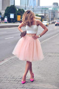 Two Piece Tulle Pink Spaghetti-Strap Sleeveless Homecoming Dresses PG100 by pgmdress