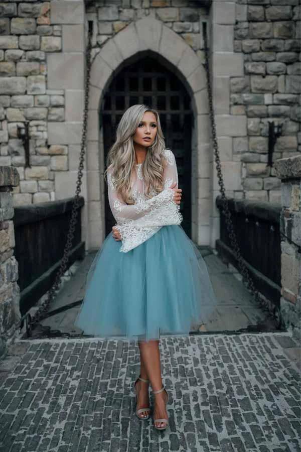Two Piece Tulle See Through Long Sleeve Lace Homecoming Dress PD208 by pgmdress
