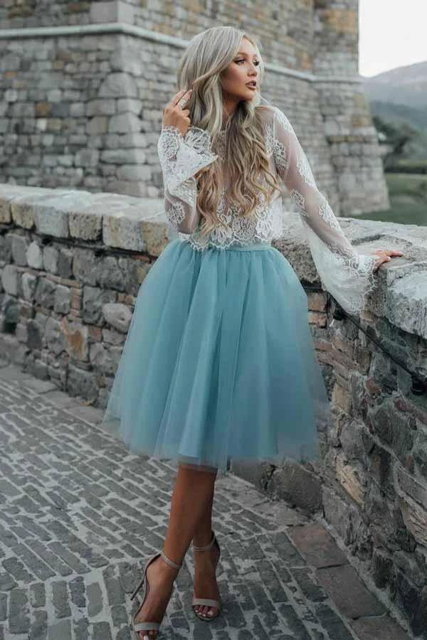 Two Piece Tulle See Through Long Sleeve Lace Homecoming Dress PD208 by pgmdress