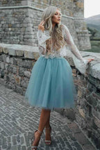 Two Piece Tulle See Through Long Sleeve Lace Homecoming Dress PD208 by pgmdress