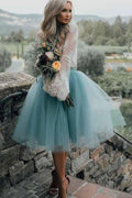 Two Piece Tulle See Through Long Sleeve Lace Homecoming Dress PD208 by pgmdress