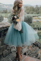 Two Piece Tulle See Through Long Sleeve Lace Homecoming Dress PD208 by pgmdress