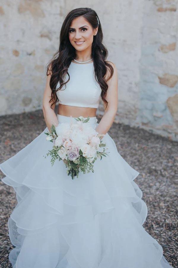 Two Piece White Wedding Dresses Ruffle Skirt A-line Wedding Dress WD287 by pgmdress