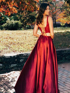 Two Pieces A-line Lace Satin Long Backless Prom Dresses with Slit by BIZTUNNEL