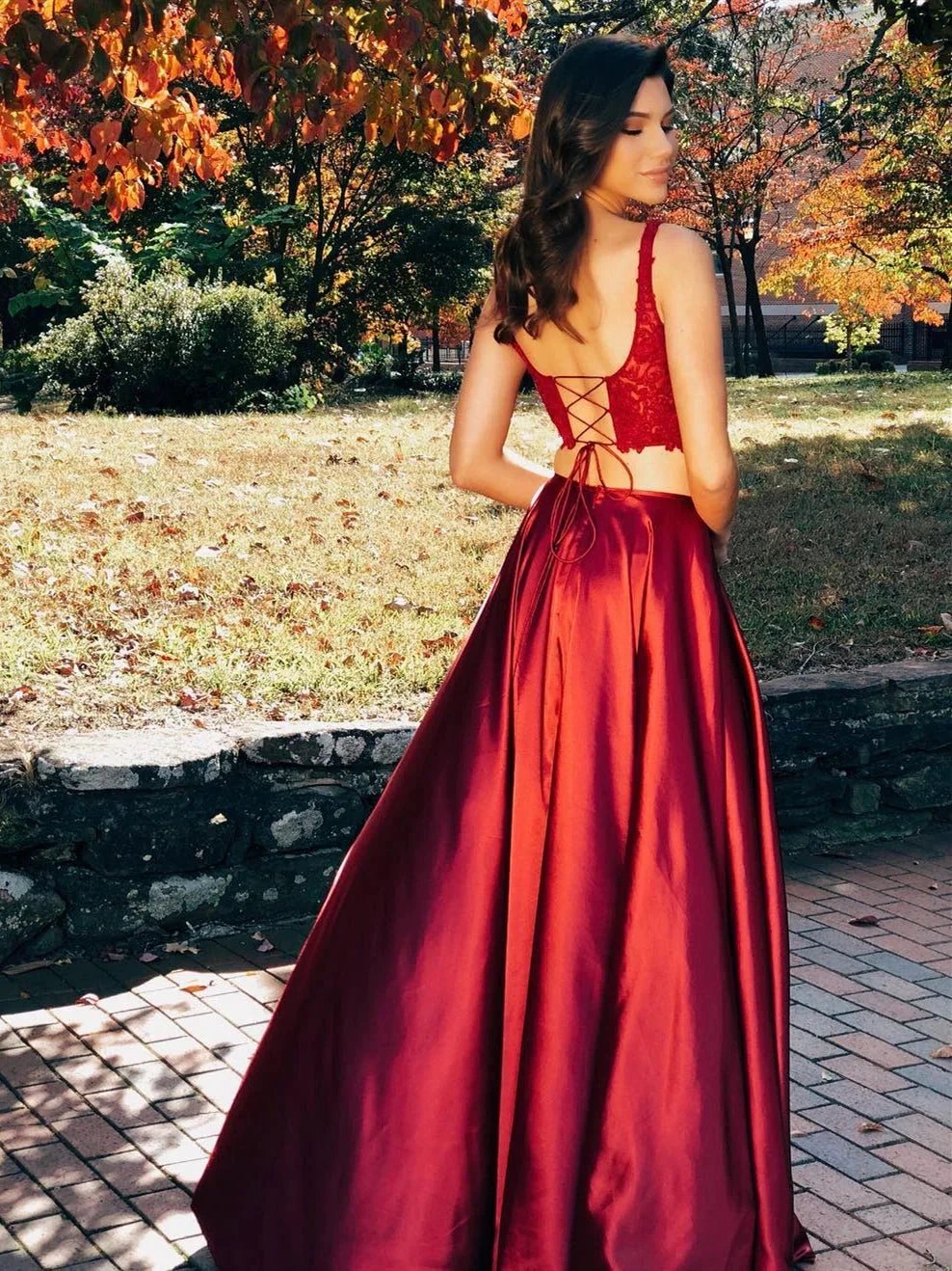 Two Pieces A-line Lace Satin Long Backless Prom Dresses with Slit by BIZTUNNEL