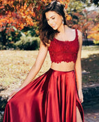 Two Pieces A-line Lace Satin Long Backless Prom Dresses with Slit by BIZTUNNEL