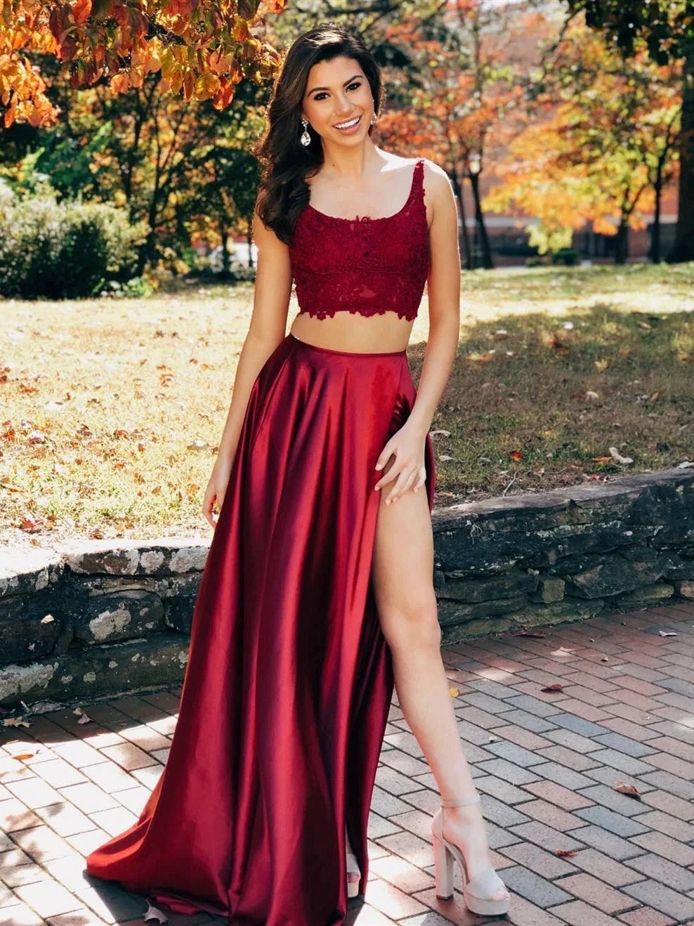 Two Pieces A-line Lace Satin Long Backless Prom Dresses with Slit by BIZTUNNEL