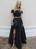 Two Pieces A-line Off Shoulder Lace Long Prom Dresses with Split High-Low Black Formal Evening Gowns by BIZTUNNEL