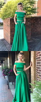 Two Pieces A-line Off the Shoulder Satin Long Prom Dresses with Pockets by BIZTUNNEL