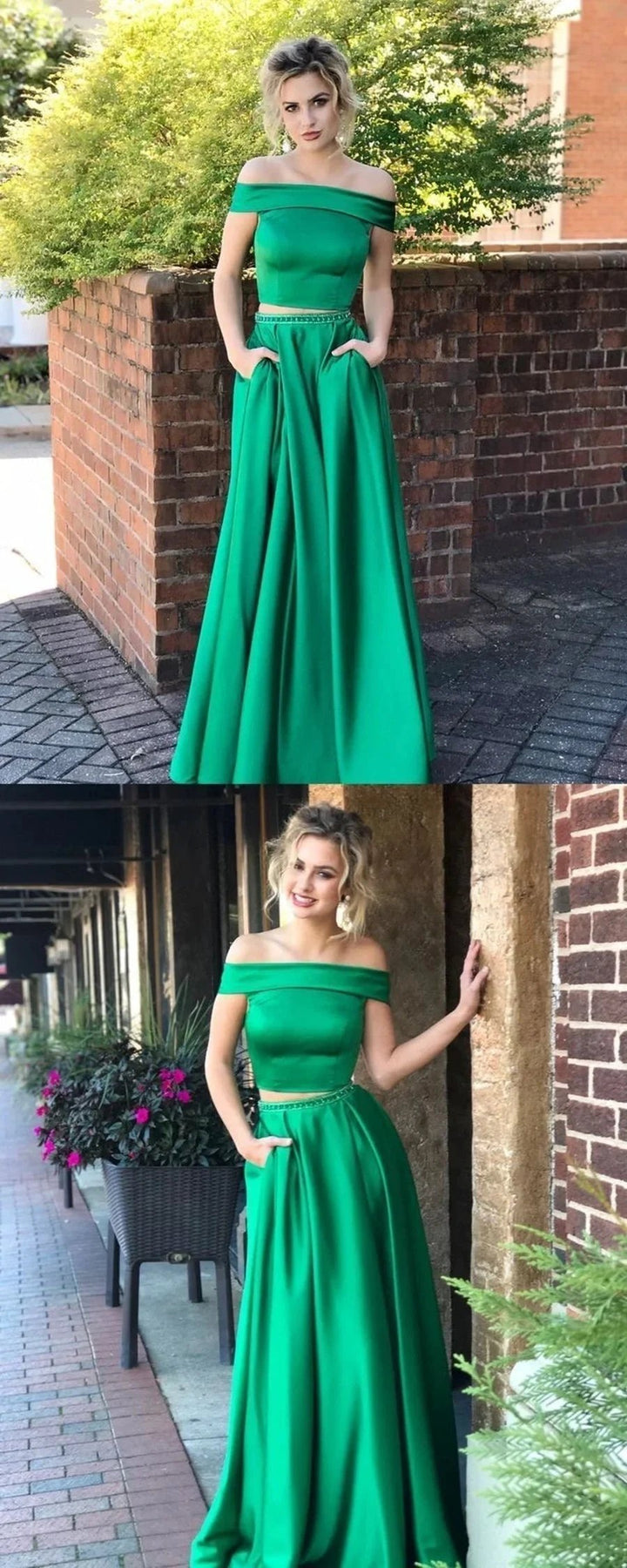 Two Pieces A-line Off the Shoulder Satin Long Prom Dresses with Pockets by BIZTUNNEL
