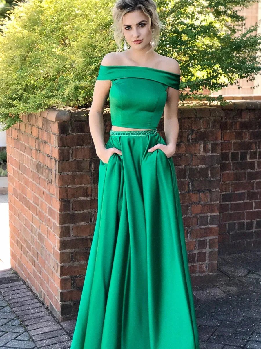 Two Pieces A-line Off the Shoulder Satin Long Prom Dresses with Pockets by BIZTUNNEL