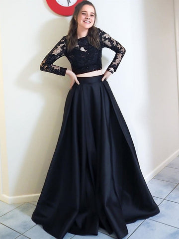 Vestido de fiesta formal de dos piezas, negro, largo, corte A, cuello redondo, satén, encaje, con mangas