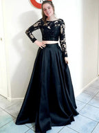 Two Pieces Black Long A-line Round Neck Satin Lace Formal Prom Dresses with Sleeves by BIZTUNNEL