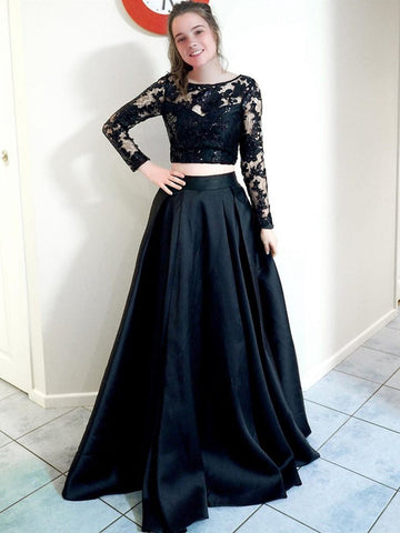 Vestido de fiesta formal de dos piezas, negro, largo, corte A, cuello redondo, satén, encaje, con mangas