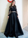 Two Pieces Black Long A-line Round Neck Satin Lace Formal Prom Dresses with Sleeves by BIZTUNNEL