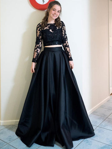Vestido de fiesta formal de dos piezas, negro, largo, corte A, cuello redondo, satén, encaje, con mangas