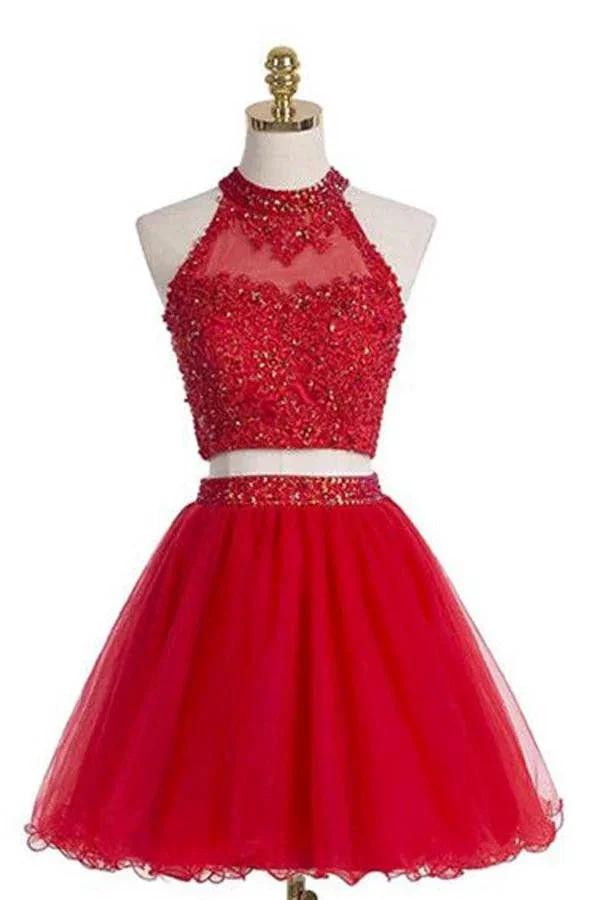 Two pieces Halter Red Sleeveless Homecoming Dress PG021 by pgmdress