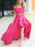 Two Pieces High Low A-line Off The Shoulder Lace Satin Formal Prom Dresses by BIZTUNNEL