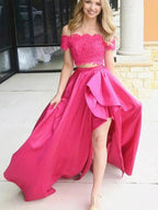 Two Pieces High Low A-line Off The Shoulder Lace Satin Formal Prom Dresses by BIZTUNNEL
