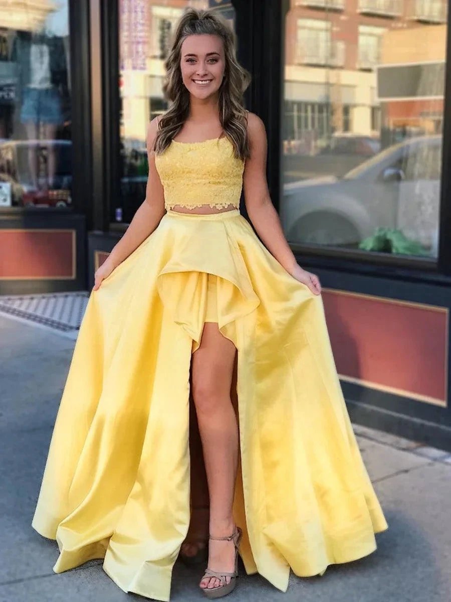 Two Pieces High Low A-line Satin Lace Yellow Prom Formal Dresses by BIZTUNNEL