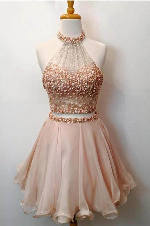 Two Pieces High Neck Beading Short Homecoming Dresses PD105 Hover Image