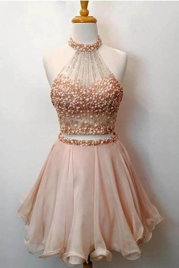 Two Pieces High Neck Beading Short Homecoming Dresses PD105 by pgmdress