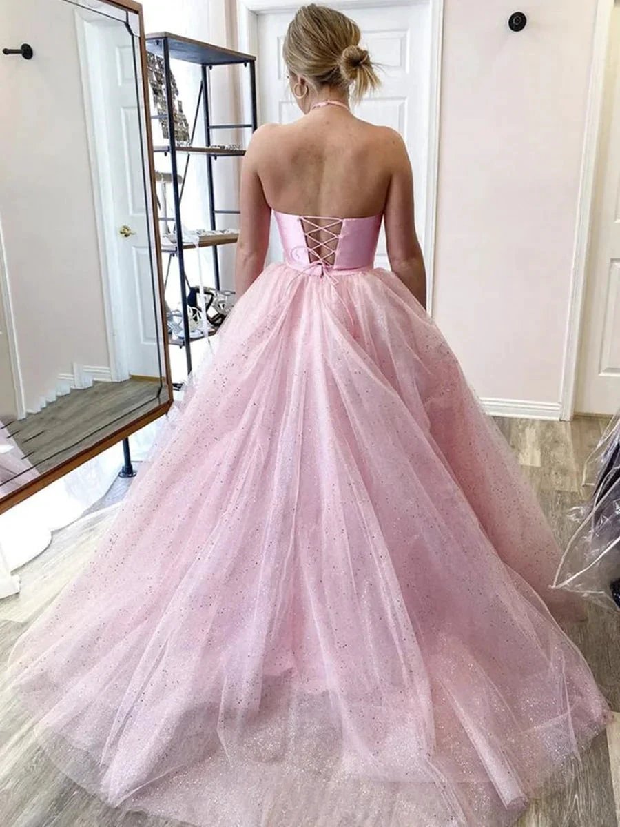 Two Pieces Long A-line Halter Satin Tulle Backless Formal Prom Dresses by BIZTUNNEL