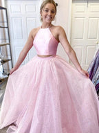 Two Pieces Long A-line Halter Satin Tulle Backless Formal Prom Dresses by BIZTUNNEL
