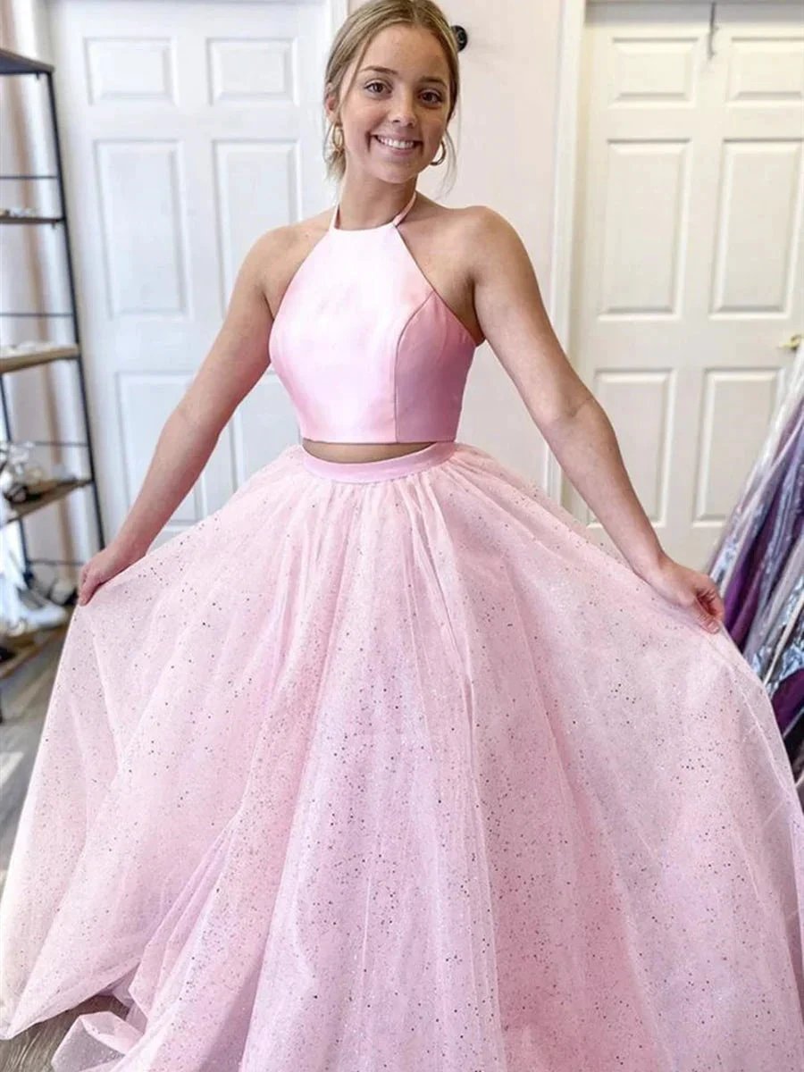 Two Pieces Long A-line Halter Satin Tulle Backless Formal Prom Dresses by BIZTUNNEL